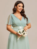 Vestido de dama de honor de tul con escote en V doble, largo hasta el suelo, manga corta, talla personalizada, vestido formal de noche