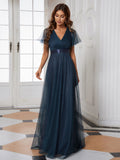 Vestido de dama de honor de tul con escote en V doble, largo hasta el suelo, manga corta, talla personalizada, vestido formal de noche