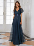 Vestido de dama de honor de tul con escote en V doble, largo hasta el suelo, manga corta, talla personalizada, vestido formal de noche