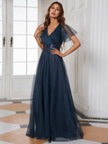Vestido de dama de honor de tul con escote en V doble, largo hasta el suelo, manga corta, talla personalizada, vestido formal de noche