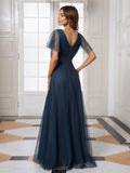 Vestido de dama de honor de tul con escote en V doble, largo hasta el suelo, manga corta, talla personalizada, vestido formal de noche