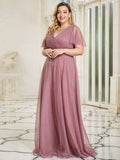 Vestido de dama de honor de tul con escote en V doble, largo hasta el suelo, manga corta, talla personalizada, vestido formal de noche
