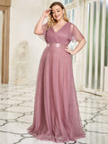 Vestido de dama de honor de tul con escote en V doble, largo hasta el suelo, manga corta, talla personalizada, vestido formal de noche