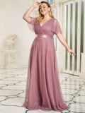 Vestido de dama de honor de tul con escote en V doble, largo hasta el suelo, manga corta, talla personalizada, vestido formal de noche