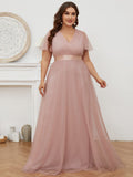 Vestido de dama de honor de tul con escote en V doble, largo hasta el suelo, manga corta, talla personalizada, vestido formal de noche