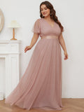 Vestido de dama de honor de tul con escote en V doble, largo hasta el suelo, manga corta, talla personalizada, vestido formal de noche