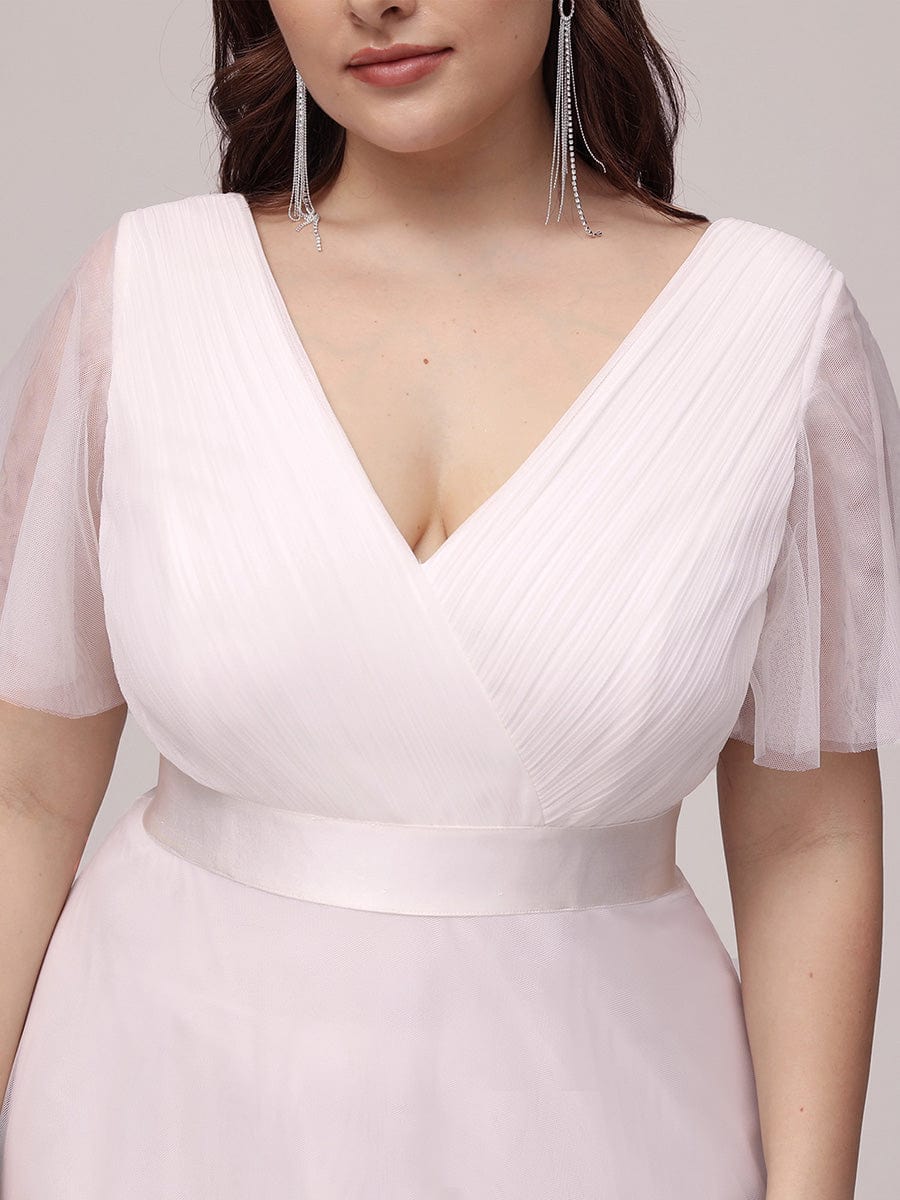 Benutzerdefinierte Größe Doppel V-Ausschnitt Bodenlang Kurzarm Tüll Brautkleid Brautkleider Abendkleid