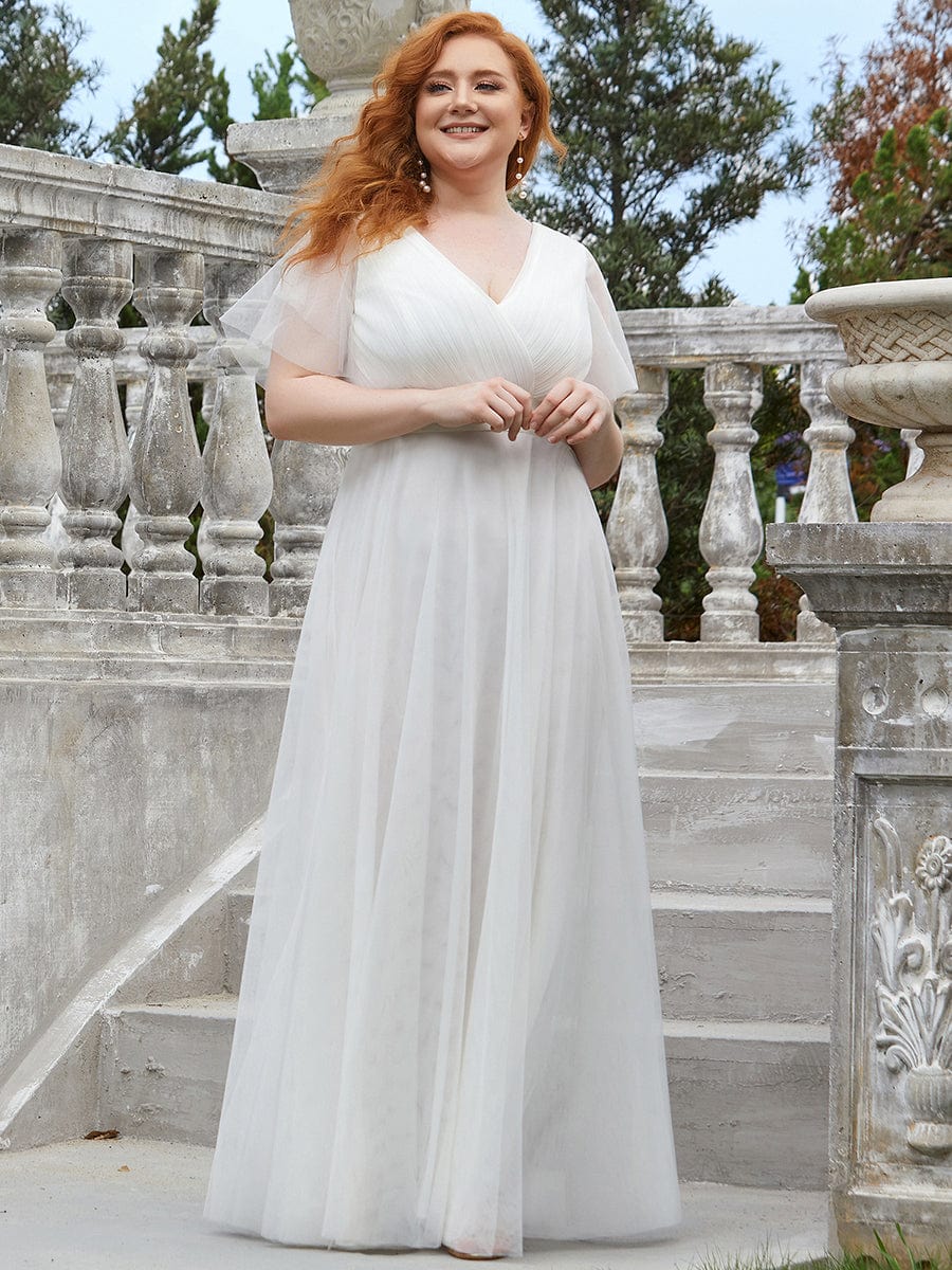 Benutzerdefinierte Größe Doppel V-Ausschnitt Bodenlang Kurzarm Tüll Brautkleid Brautkleider Abendkleid