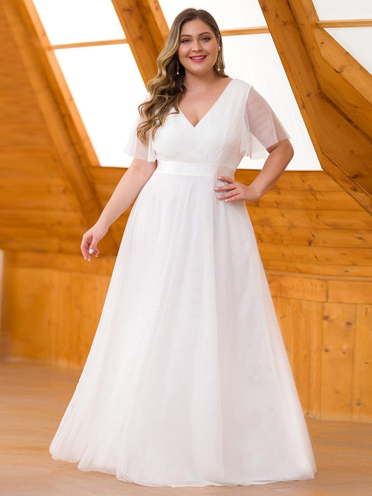 Custom Size Double V-Neck Floor-Length Short Sleeve Tulle Bridesmaid Dresses Formal Evening Dress