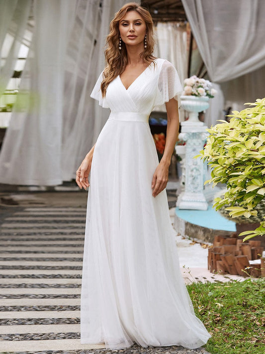 Benutzerdefinierte Größe Doppel V-Ausschnitt Bodenlang Kurzarm Tüll Brautkleid Brautkleider Abendkleid
