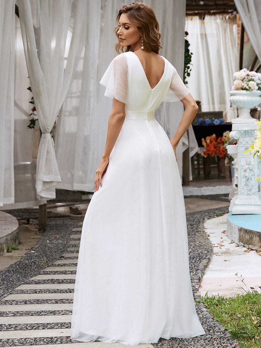 Benutzerdefinierte Größe Doppel V-Ausschnitt Bodenlang Kurzarm Tüll Brautkleid Brautkleider Abendkleid