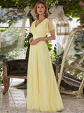 Vestido de dama de honor de tul con escote en V doble, largo hasta el suelo, manga corta, talla personalizada, vestido formal de noche