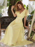 Vestido de dama de honor de tul con escote en V doble, largo hasta el suelo, manga corta, talla personalizada, vestido formal de noche