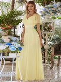 Vestido de dama de honor de tul con escote en V doble, largo hasta el suelo, manga corta, talla personalizada, vestido formal de noche