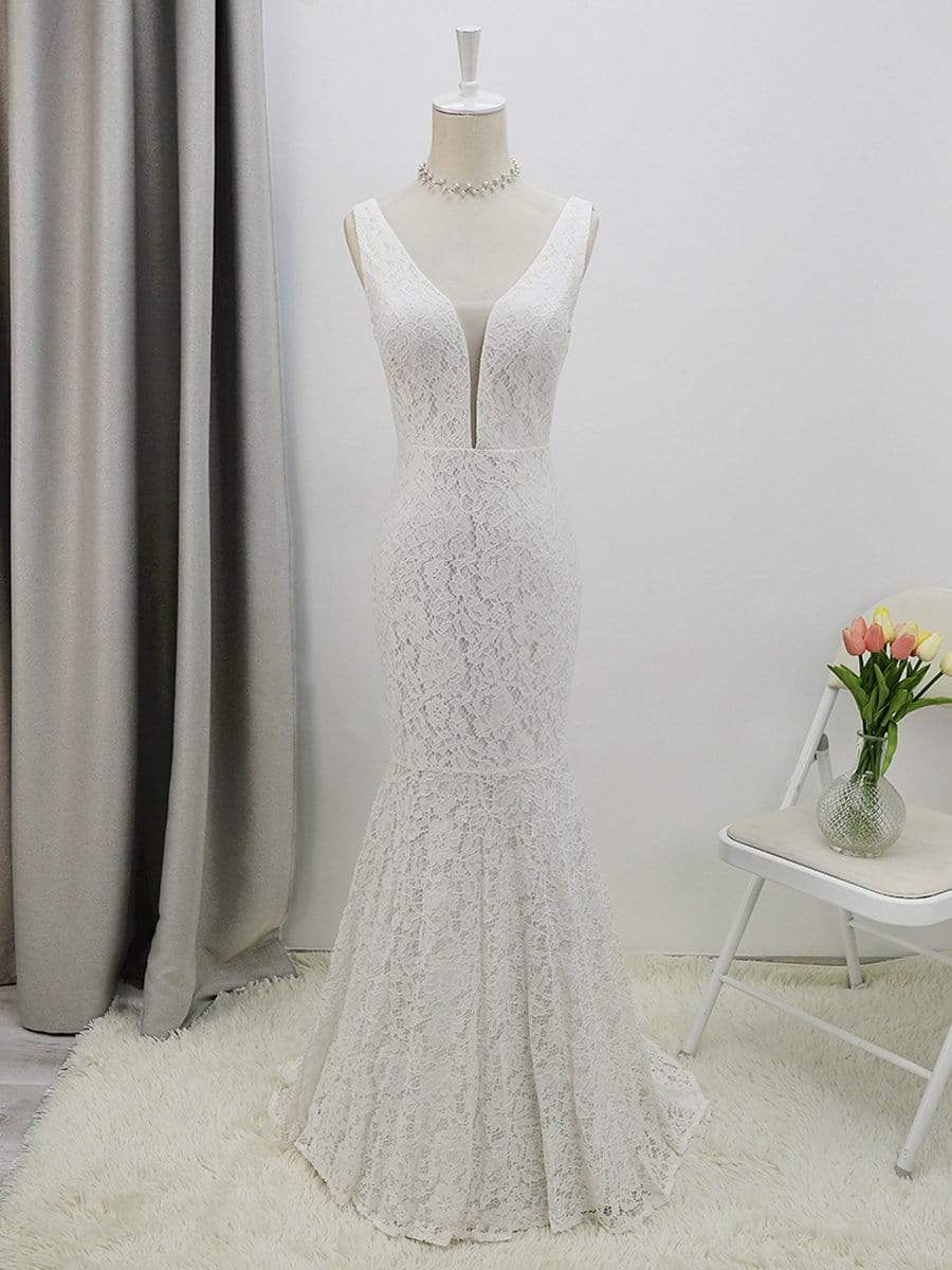 Zierliches tiefes V-Ausschnitt ärmelloses Fischschwanz-Spitzen-Brautkleid Spitzen-Brautkleider