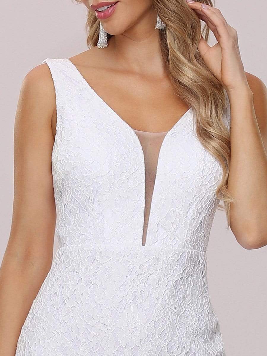 Zierliches tiefes V-Ausschnitt ärmelloses Fischschwanz-Spitzen-Brautkleid Spitzen-Brautkleider