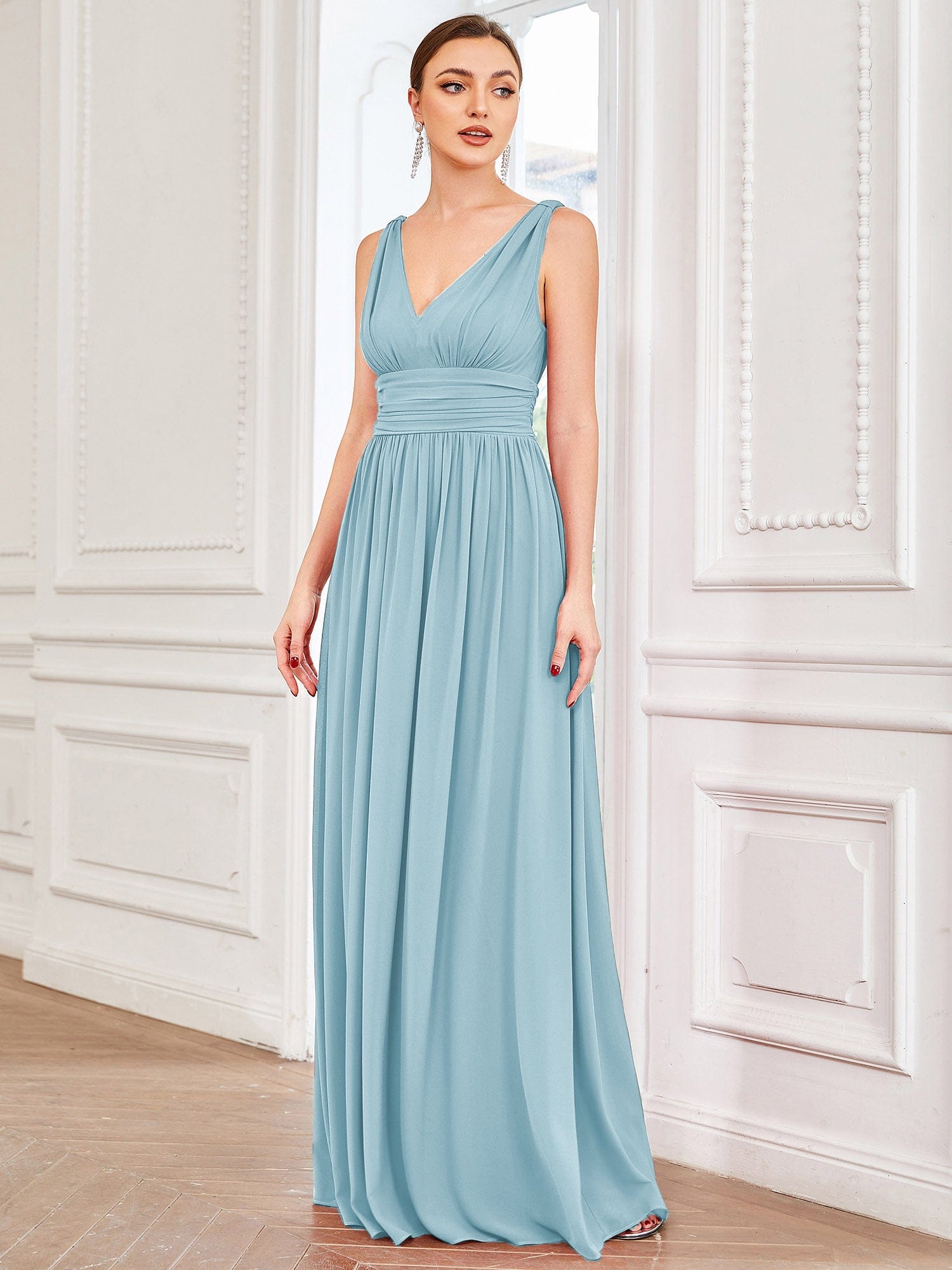 Custom Size Chiffon Sleeveless V-Neck Maxi Bridesmaid Dress Formal Evening Dresses