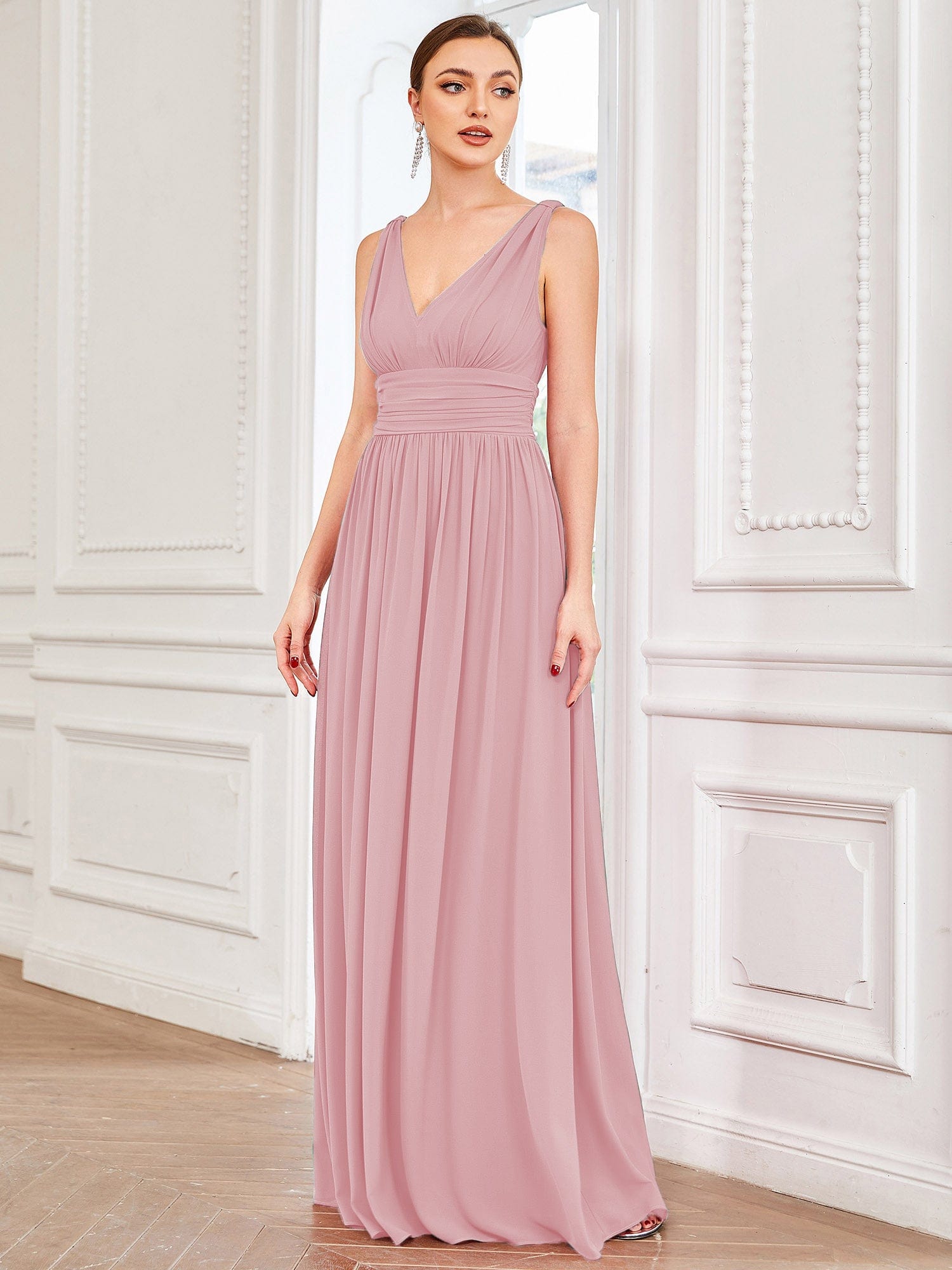 Custom Size Chiffon Sleeveless V-Neck Maxi Bridesmaid Dress Formal Evening Dresses