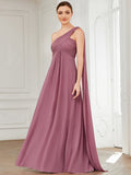 Pleated One Shoulder Long Chiffon Formal Evening Dress Women's Bridesmaid Dresses