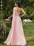 Pleated One Shoulder Long Chiffon Formal Evening Dress Women's Bridesmaid Dresses