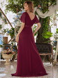 Langes Chiffon-Brautjungfernkleid mit Empire-Taille und kurzen Flügelärmeln, formelle Abendkleider
