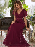 Langes Chiffon-Brautjungfernkleid mit Empire-Taille und kurzen Flügelärmeln, formelle Abendkleider