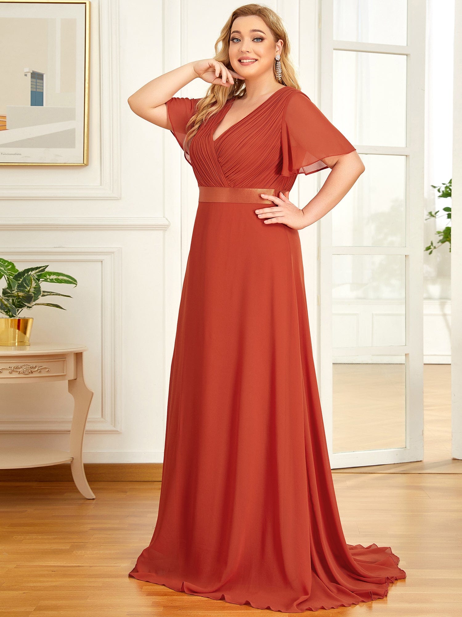 Custom Size Flutter Sleeves Chiffon Empire Waist Bridesmaid Dress Evening Mother of the Bride Dresses