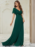 Langes Chiffon-Brautjungfernkleid mit Empire-Taille und kurzen Flügelärmeln, formelle Abendkleider