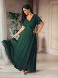 Langes Chiffon-Brautjungfernkleid mit Empire-Taille und kurzen Flügelärmeln, formelle Abendkleider
