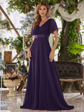 Langes Chiffon-Brautjungfernkleid mit Empire-Taille und kurzen Flügelärmeln, formelle Abendkleider