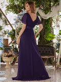Langes Chiffon-Brautjungfernkleid mit Empire-Taille und kurzen Flügelärmeln, formelle Abendkleider