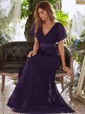 Langes Chiffon-Brautjungfernkleid mit Empire-Taille und kurzen Flügelärmeln, formelle Abendkleider
