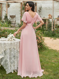 Langes Chiffon-Brautjungfernkleid mit Empire-Taille und kurzen Flügelärmeln, formelle Abendkleider