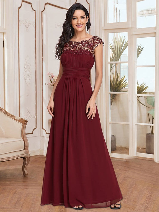 Elegant Lace Cap Sleeve Maxi Long Chiffon Bridesmaid Dress Formal Evening Dresses