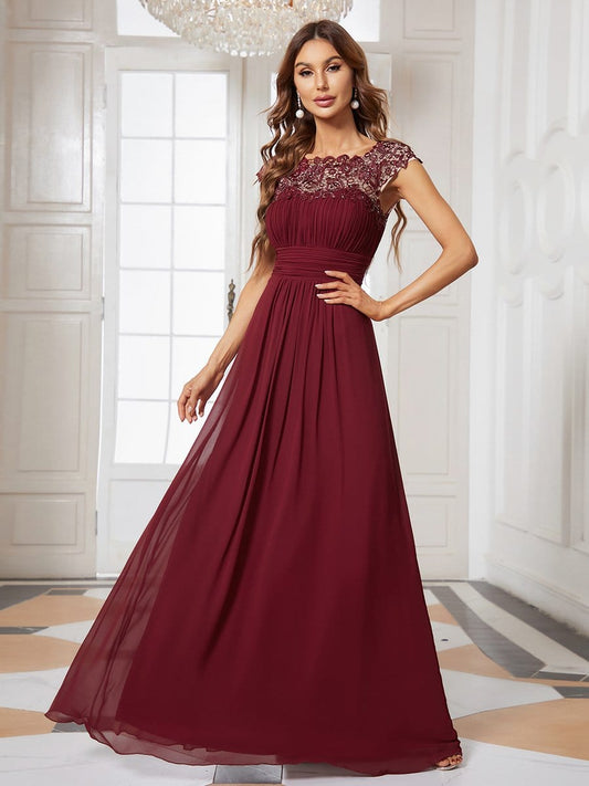 Elegant Lace Cap Sleeve Maxi Long Chiffon Bridesmaid Dress Formal Evening Dresses