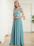 Vestido clásico de dama de honor con escote redondo, espalda descubierta y corpiño de encaje, vestidos de noche formales para mujer.