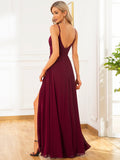 Pleated V-Neck Spaghetti Strap High Slit Bridesmaid Dress Formal Evening Dresses Gowns