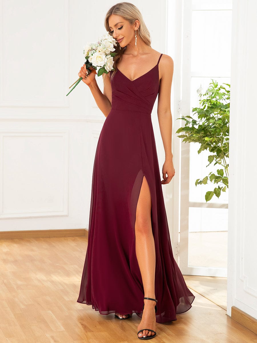 Pleated V-Neck Spaghetti Strap High Slit Bridesmaid Dress Formal Evening Dresses Gowns