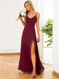 Pleated V-Neck Spaghetti Strap High Slit Bridesmaid Dress Formal Evening Dresses Gowns