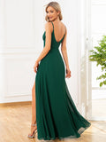 Pleated V-Neck Spaghetti Strap High Slit Bridesmaid Dress Formal Evening Dresses Gowns