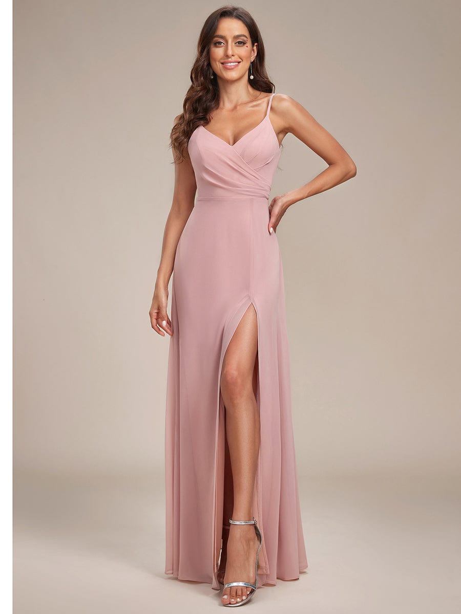 Pleated V-Neck Spaghetti Strap High Slit Bridesmaid Dress Formal Evening Dresses Gowns