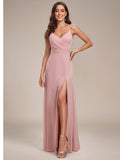 Pleated V-Neck Spaghetti Strap High Slit Bridesmaid Dress Formal Evening Dresses Gowns
