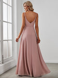 Pleated V-Neck Spaghetti Strap High Slit Bridesmaid Dress Formal Evening Dresses Gowns