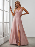 Pleated V-Neck Spaghetti Strap High Slit Bridesmaid Dress Formal Evening Dresses Gowns