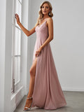 Pleated V-Neck Spaghetti Strap High Slit Bridesmaid Dress Formal Evening Dresses Gowns