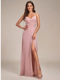 Pleated V-Neck Spaghetti Strap High Slit Bridesmaid Dress Formal Evening Dresses Gowns