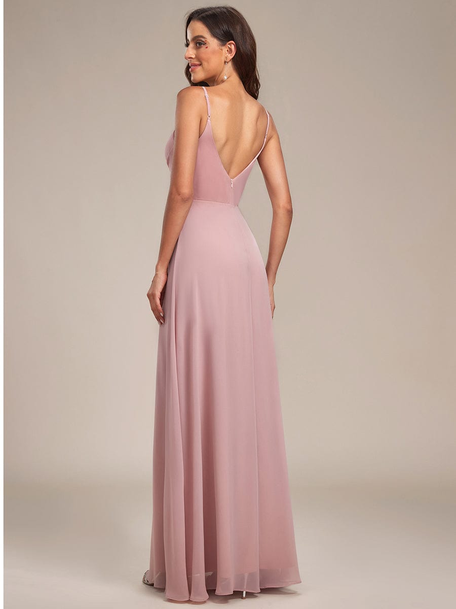 Pleated V-Neck Spaghetti Strap High Slit Bridesmaid Dress Formal Evening Dresses Gowns