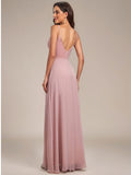 Pleated V-Neck Spaghetti Strap High Slit Bridesmaid Dress Formal Evening Dresses Gowns