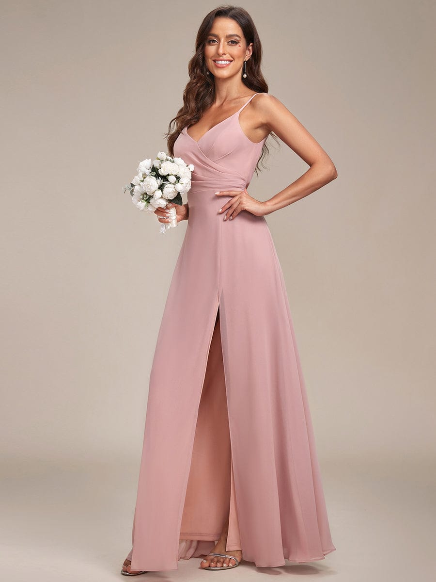 Pleated V-Neck Spaghetti Strap High Slit Bridesmaid Dress Formal Evening Dresses Gowns