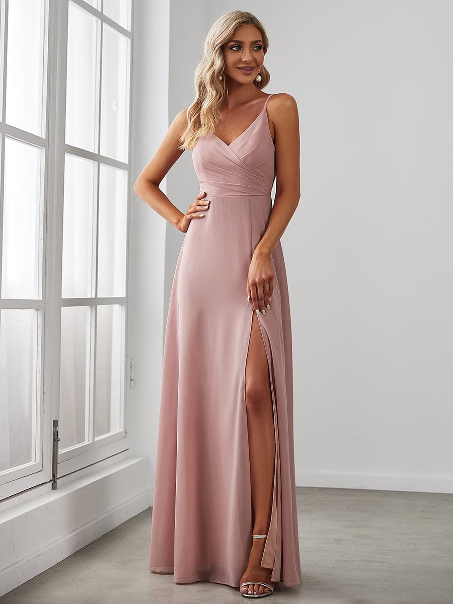 Pleated V-Neck Spaghetti Strap High Slit Bridesmaid Dress Formal Evening Dresses Gowns